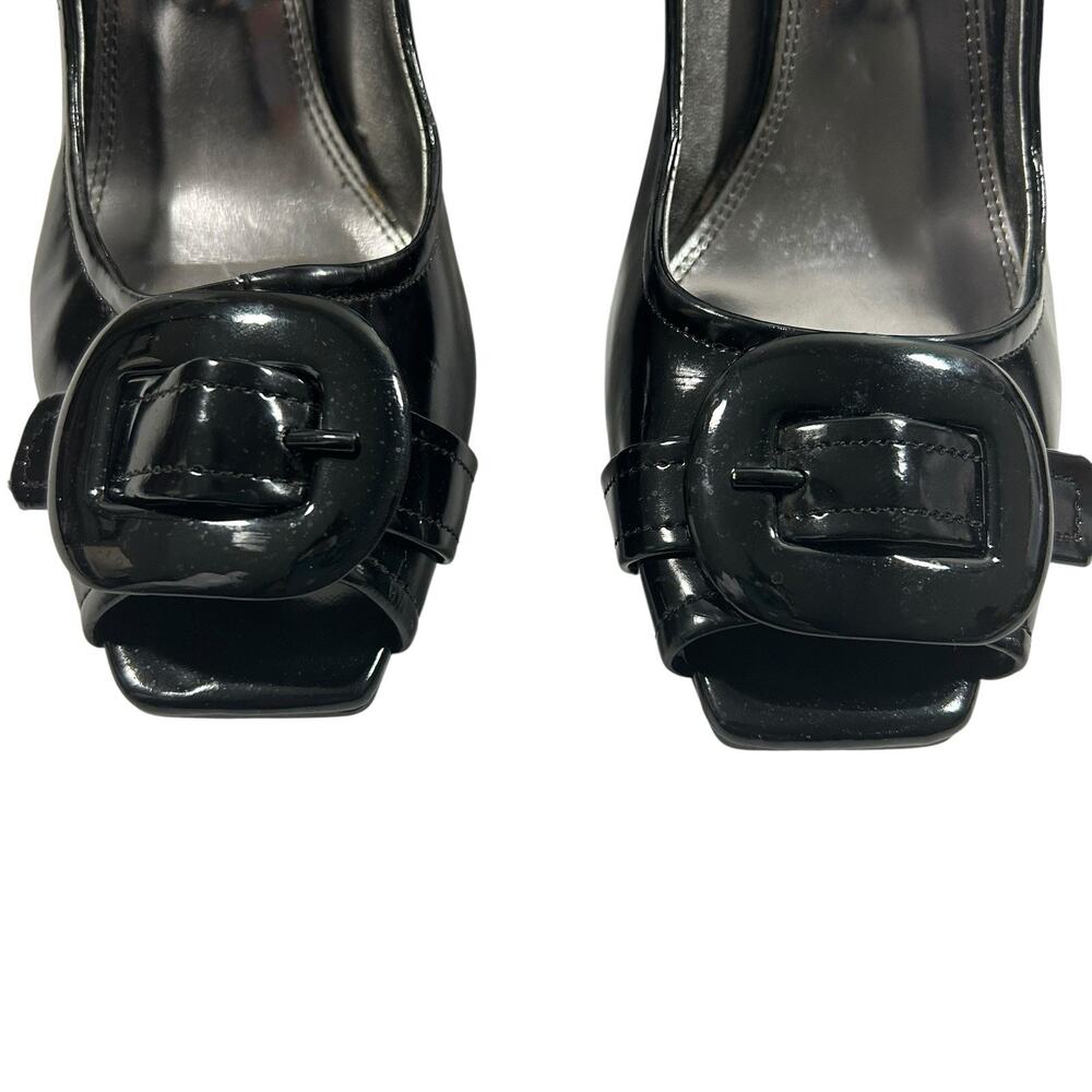 Etienne Aigner Black Patent Peep Toe Buckle Block Heel Pumps 7.5 - Picture 2 of 8
